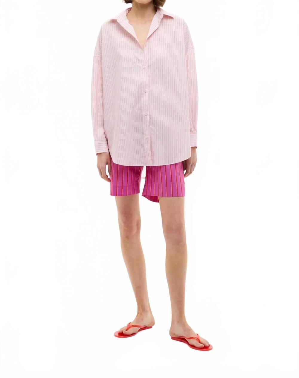 NEW LMND mara oversized long sleeve shirt in primrose pink/natural/true red